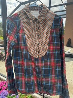 Free People Plaid Bib Front Button-Up Shirt in Red, Black, Blue